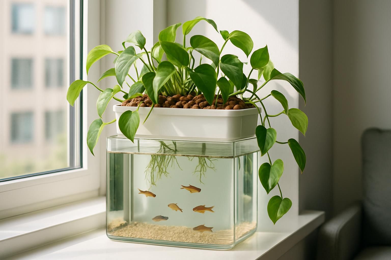 Small home aquaponics tank with pothos and philodendron rooting above in clay pebbles