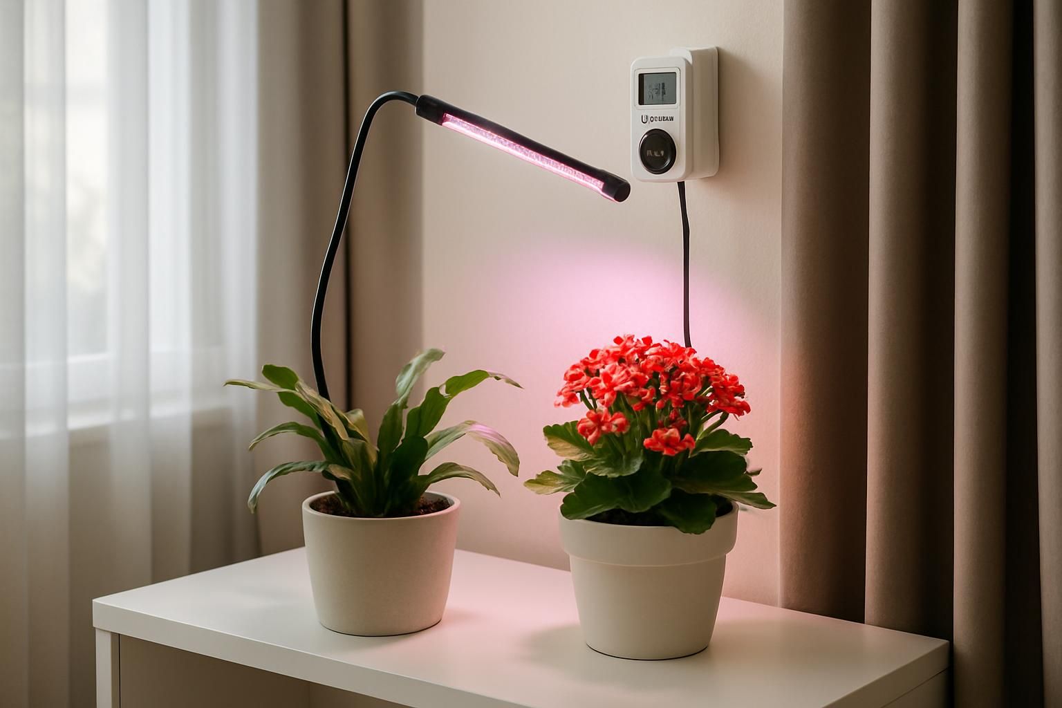 Christmas cactus and kalanchoe under a small LED grow light on a timer in a modern home setting