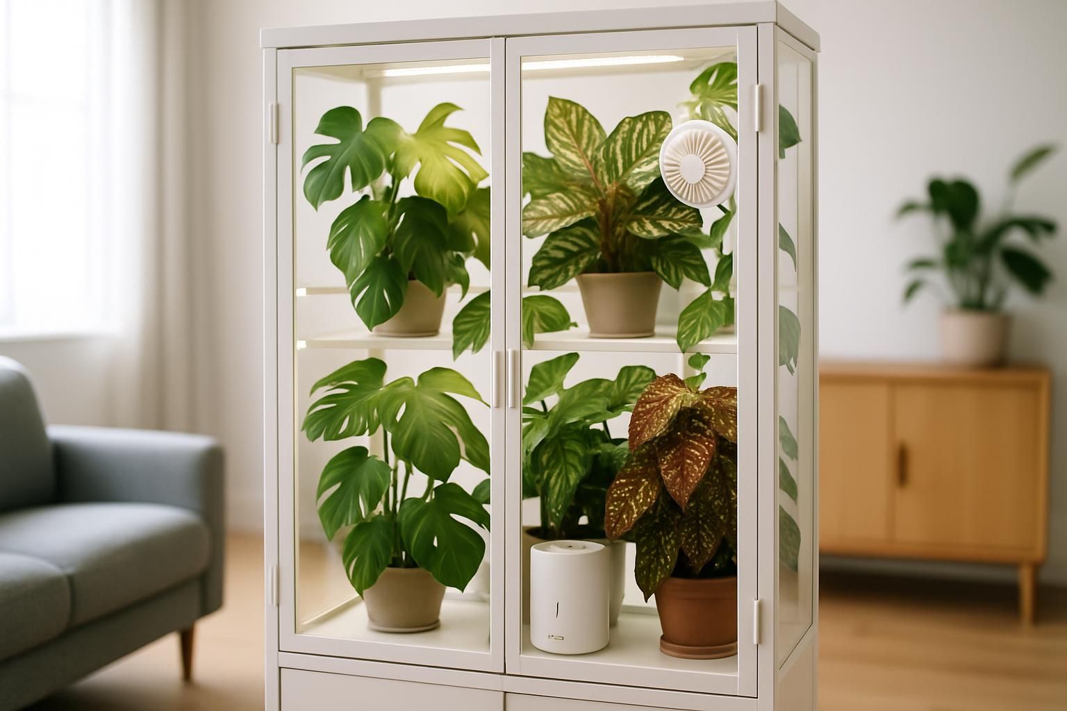 Glass plant cabinet with grow lights, fans, and tropical houseplants in a modern home