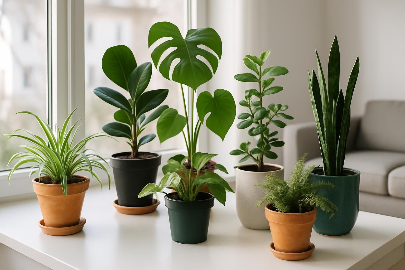 Assorted houseplants in terracotta, ceramic, and plastic pots on a bright windowsill