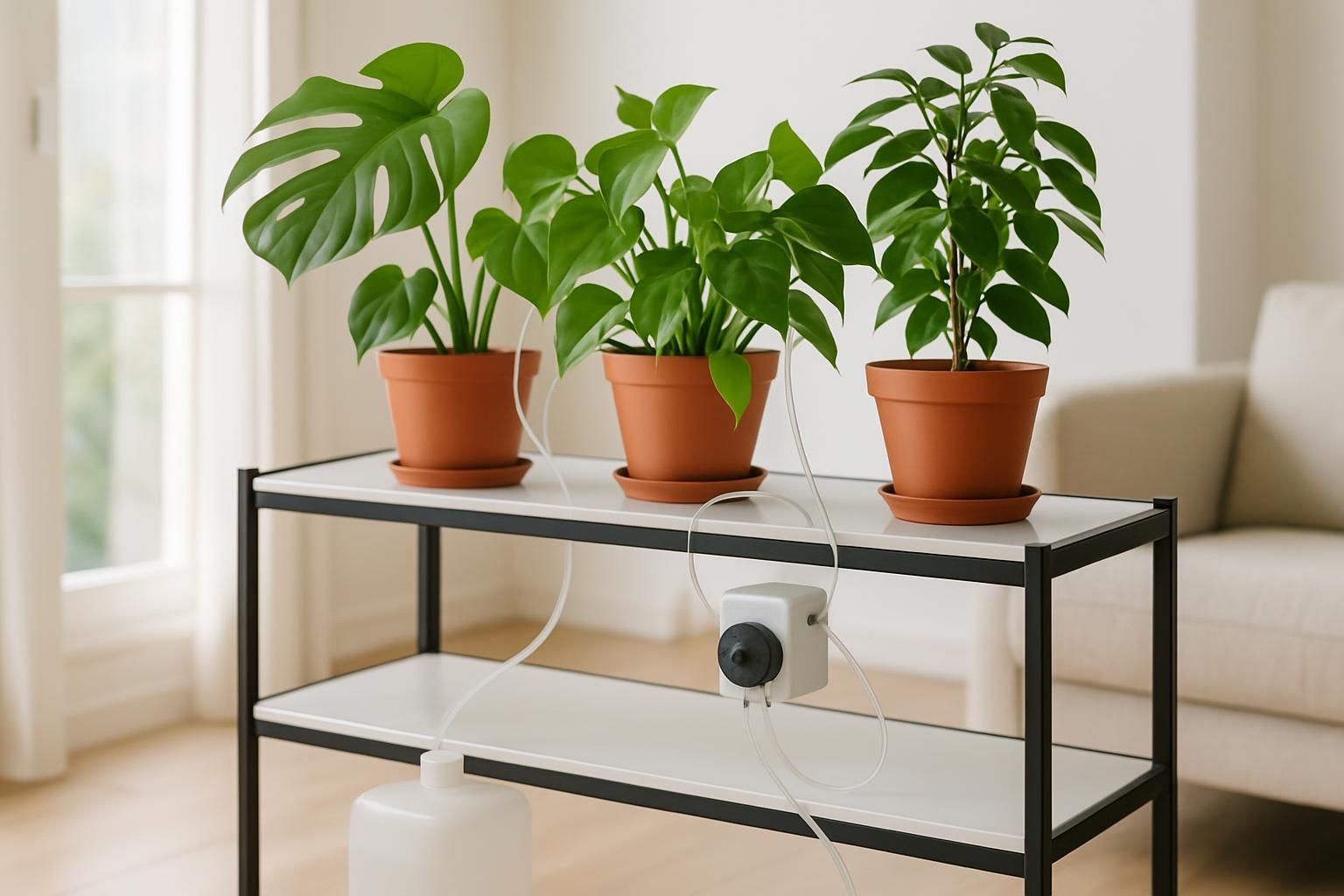 Indoor plant shelf with houseplants on drip lines from a small fertigation reservoir and pump in bright natural light