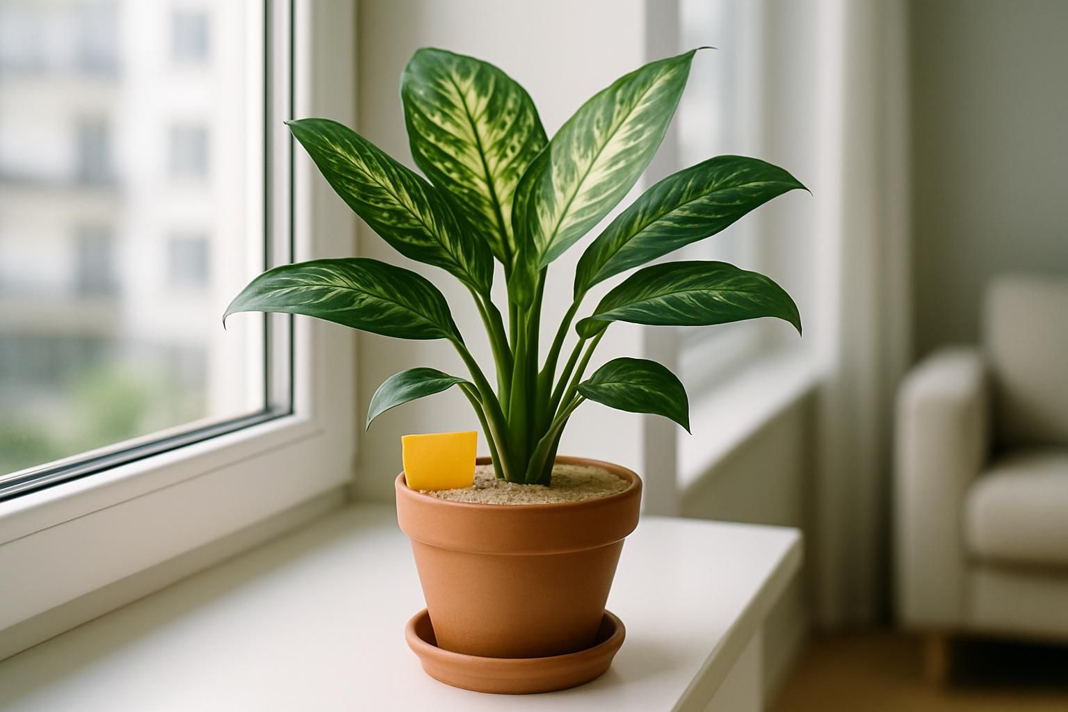 Yellow sticky trap in a potted houseplant with a sandy top layer to control fungus gnats