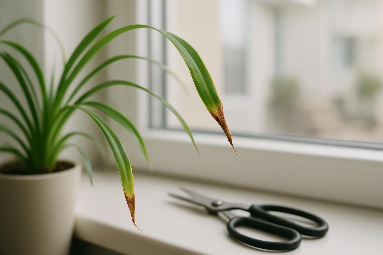Close-up of a houseplant leaf with crispy brown tips beside pruning scissors on a bright windowsill