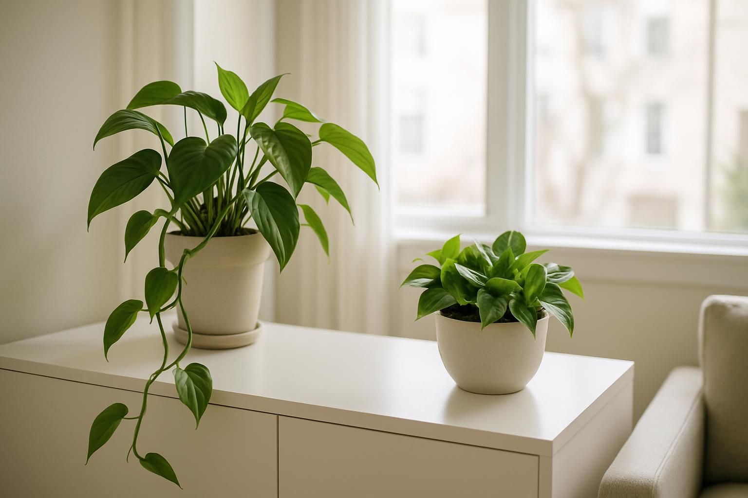 Leggy pothos with stretched stems beside a compact, pruned pothos near a bright window
