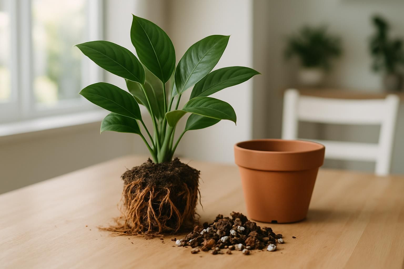Unpotted houseplant with trimmed roots next to a fresh mix and pot, ready to repot