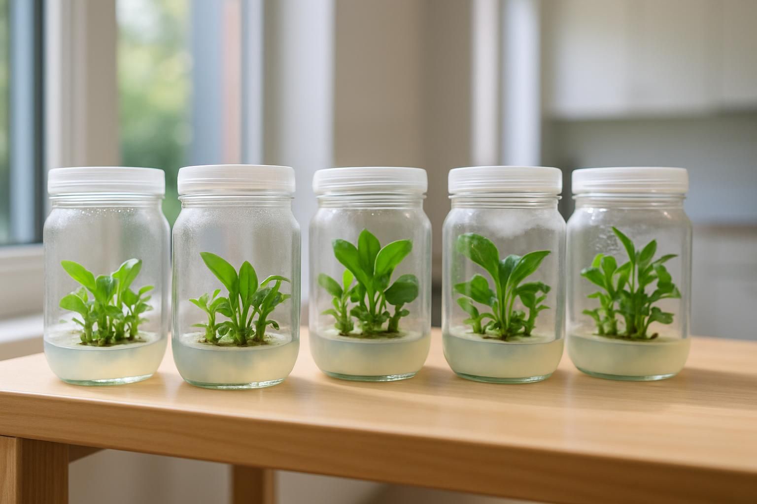 Glass jars with plant tissue cultures on a bright windowsill in a modern home