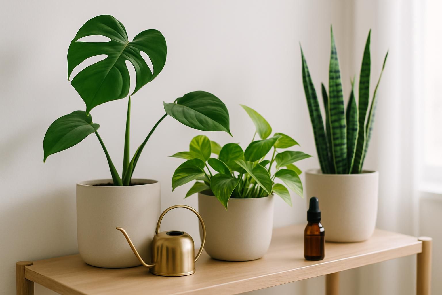 Shelf with Monstera, pothos, and snake plant beside a watering can and fertilizer bottle in bright natural light