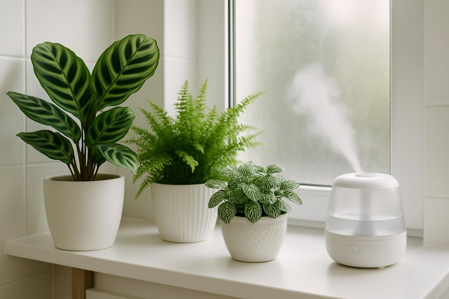 Tropical houseplants grouped by a bright bathroom window with a cool-mist humidifier running
