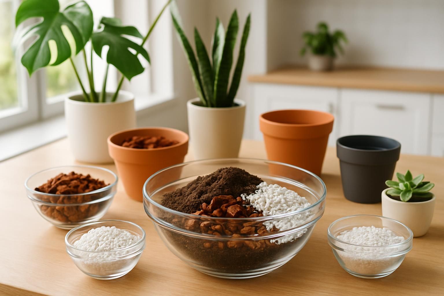 Mixing houseplant soil with potting mix, bark, and perlite on a sunlit table beside monstera and snake plant