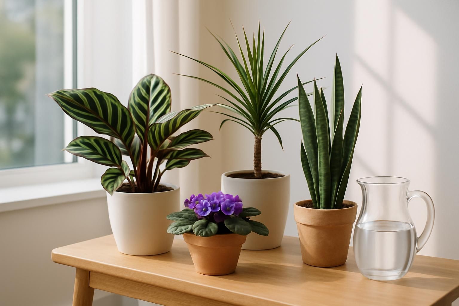 Houseplants beside a clear glass jug of water on a sunlit windowsill