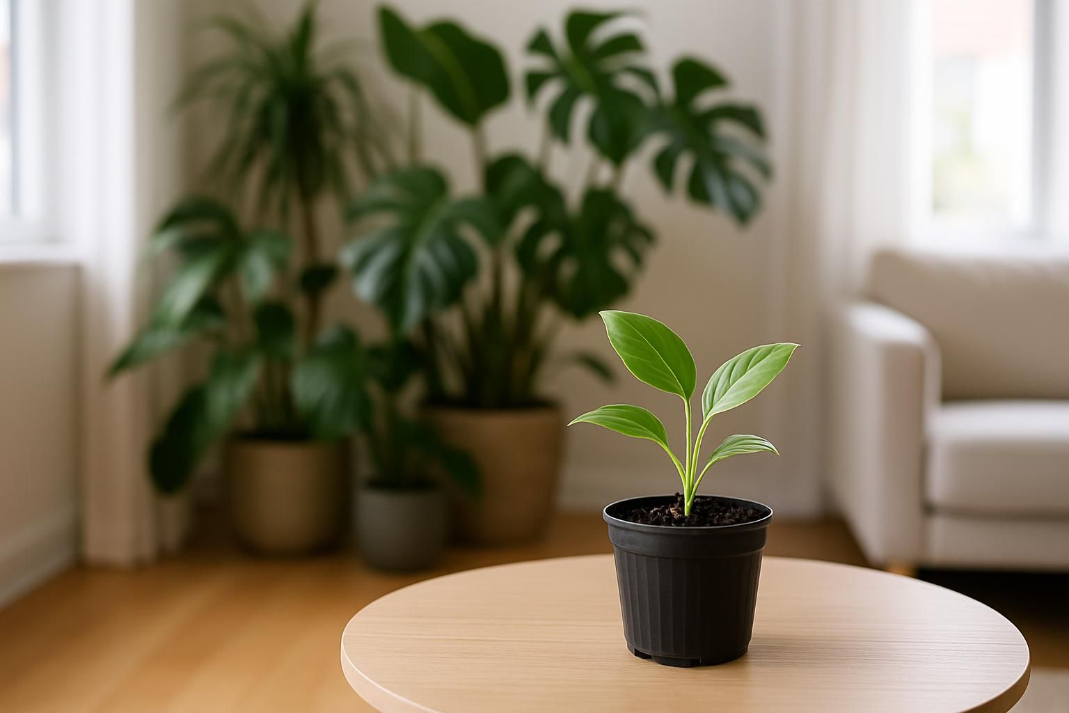 New houseplant in a nursery pot quarantined away from other plants in bright indoor light