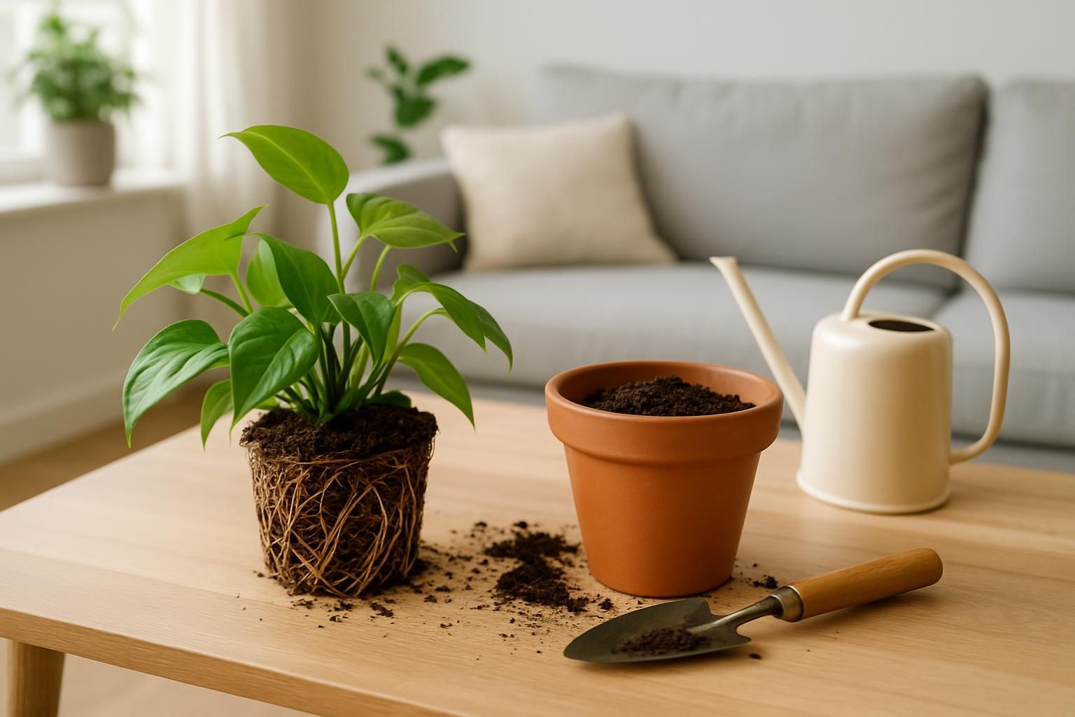 Rootbound houseplant with circling roots next to a new terracotta pot in a bright living room