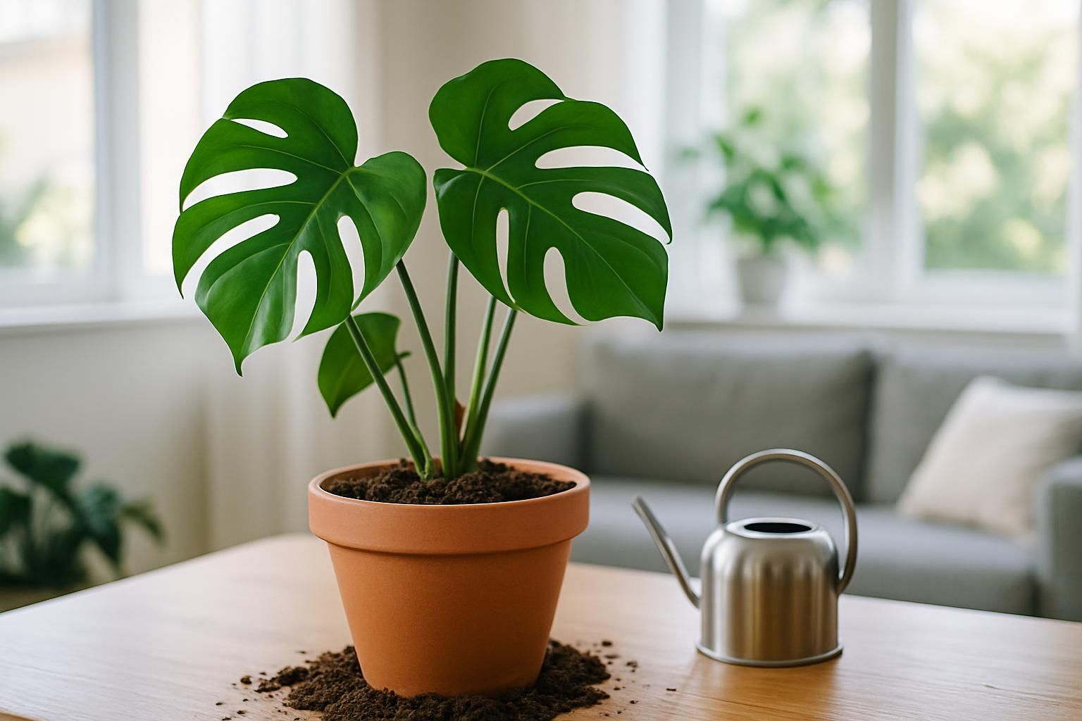 Freshly repotted Monstera in a terracotta pot on a table with potting mix and a watering can in bright natural light