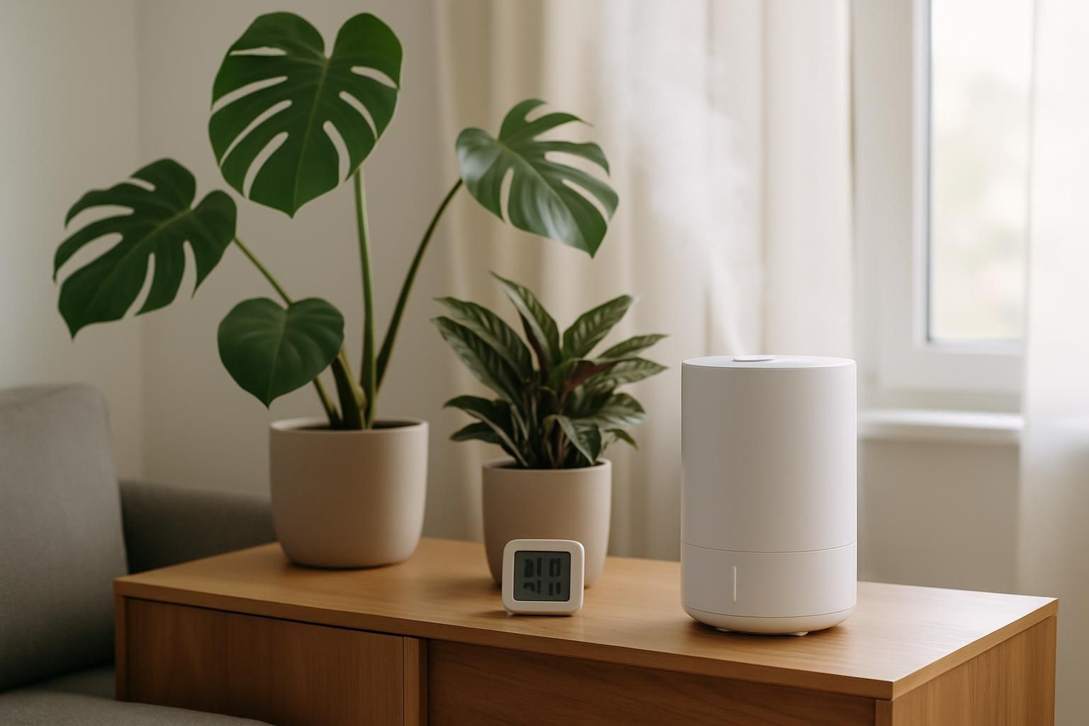 Monstera and Calathea beside a humidifier with a hygrometer on a shelf