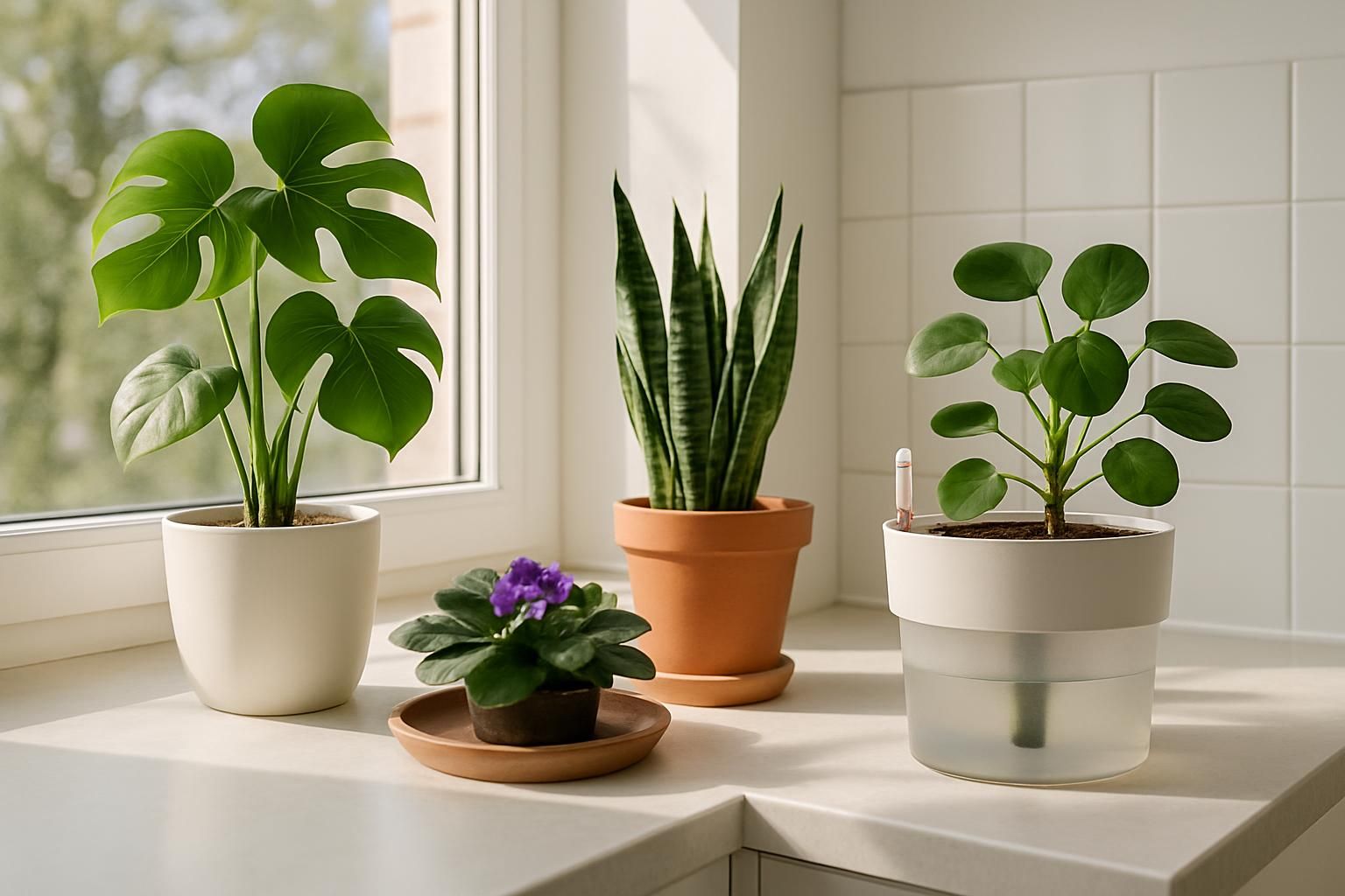 Monstera, African violet, and snake plant on a bright windowsill with a self-watering pot and tray.