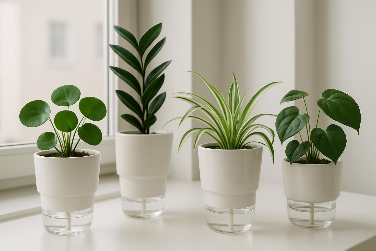 Houseplants on a windowsill with nylon wicks feeding into glass water reservoirs