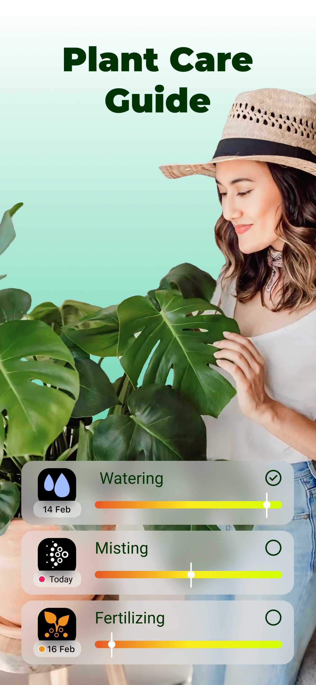 Plant care guide with watering, misting and fertilizing reminders
